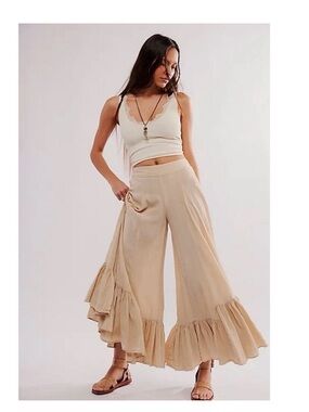 Free People Summer Kiss Godet Pants Bleach Sand XS Wide Leg Ruffle Hem Boho